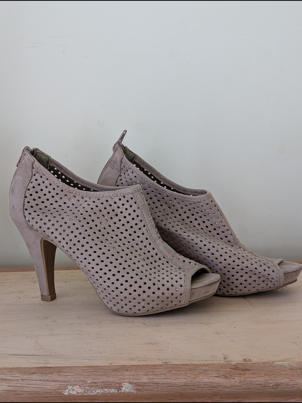 Madden Girl Taupe Perforated Peep-Toe Faux Suede Heels